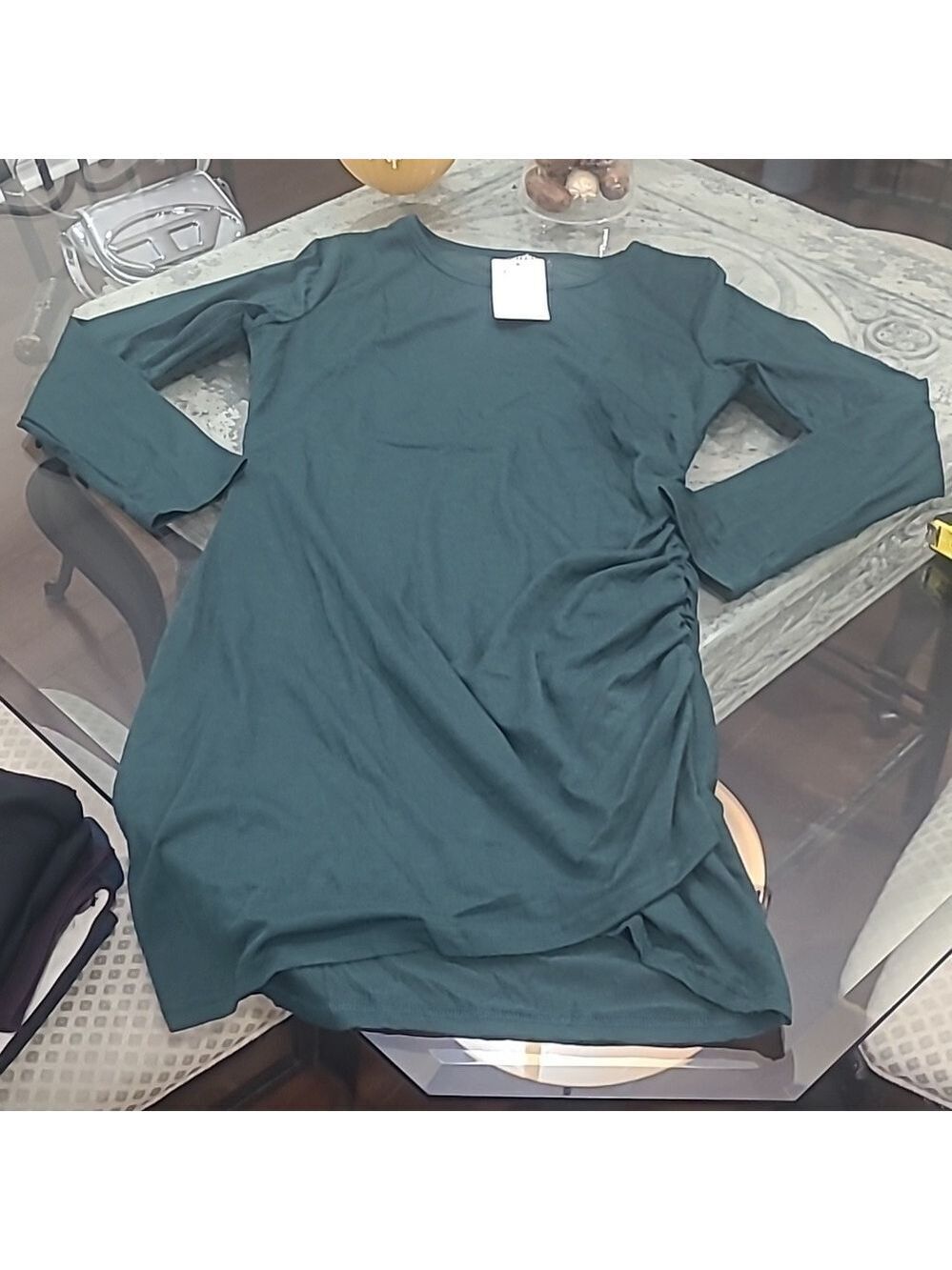 Rouched Bodycon WOMEN'S GREEN MIDI LONG SLEEVE DRESS LARGE NEW